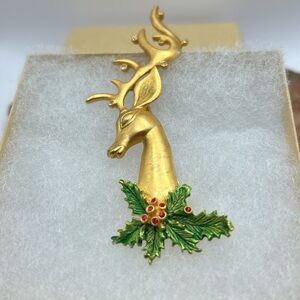 Vintage Reindeer Rhinestone Brooch Signed JJ Goldtone Statement Collectable